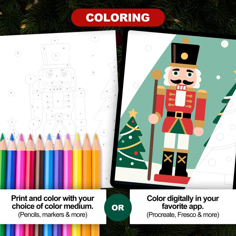 Easy Christmas 40 Design Color by Number Bundle highlighting nutcracker design, with option to print and color using pencils or color digitally in apps like Procreate or Adobe Fresco.