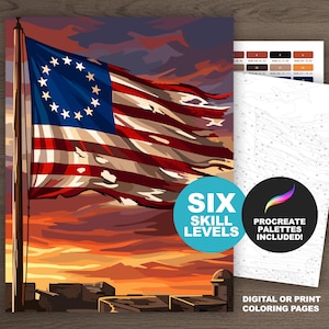 May include: A paint-by-numbers kit featuring a stylized illustration of the American flag waving in the wind. The kit includes digital or print coloring pages, six skill levels, and Procreate palettes.