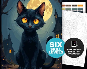 Color by Number Black Cat: Spooky Halloween Paint by Number Kit Adult Coloring Pages,  Printable & Procreate, Witch's Cat (6 Skill Levels)