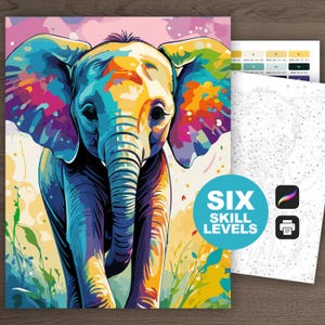 Op de afbeelding: Een kleurrijk schilderij van een olifant met een lange slurf en grote oren. De olifant is afgebeeld in tinten geel, blauw, paars en oranje. De woorden "SIX SKILL LEVELS" staan in een blauwe cirkel. Een schilderen-op-nummer-gids is ook zichtbaar.