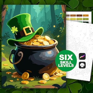 May include: Illustration of a black pot filled with gold coins, topped with a green leprechaun hat. The hat has a gold buckle and a shamrock. The background shows a forest scene. A green circle with the text "SIX SKILL LEVELS" is in the image.