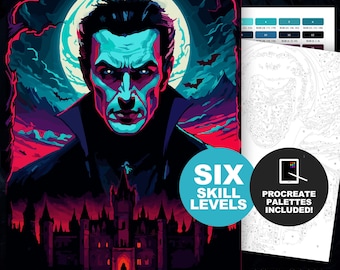 May include: A digital coloring page featuring a vampire portrait against a full moon and a dark castle silhouette. The image includes text stating SIX SKILL LEVELS and PROCREATE PALETTES INCLUDED, alongside a numbered outline guide for coloring.