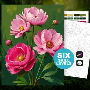 Farbe nach Zahl Rosa Pfingstrosen (6 Schwierigkeitsstufen): Malen nach Zahlen Blumen Malseite Digitaler Download Botanischer Garten Szene