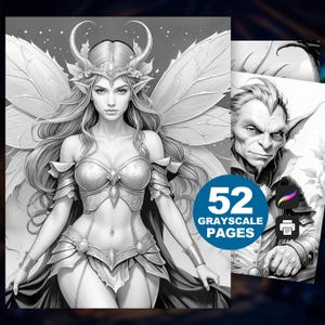 Mittelalterliche Fantasy Malseiten zum Ausdrucken - 52 Designs in Graustufen mit Rittern, Kreaturen, Magie- & RPG-Charakteren