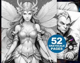 Medieval Fantasy Coloring Pages Printable – 52 Grayscale Designs with Knights, Creatures, Magic & RPG Characters – Fantasy Coloring Book JPG