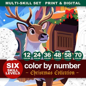 Christmas Reindeer Paint by Number showcasing six skill levels with 12 to 70 color options
