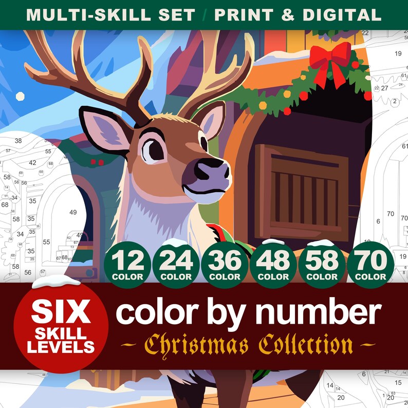 Christmas Reindeer Paint by Number showcasing six skill levels with 12 to 70 color options