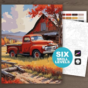 Color by Number Red Truck Paint by Numbers Printable Digital Download Farm Pickup Americana Coloring Sheet Autumn Truck Scene Procreate