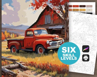 Color by Number Red Truck Paint by Numbers Printable Digital Download Farm Pickup Americana Coloring Sheet Autumn Truck Scene Procreate