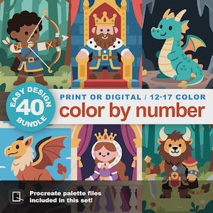 Cover image for Easy Medieval Fantasy Color by Number bundle showing six designs: archer, king on throne, dragon, griffon, queen, and beast master. Banner text highlights 40 easy designs, print or digital use, and 12–17 colors. Procreate palette files included in this set.