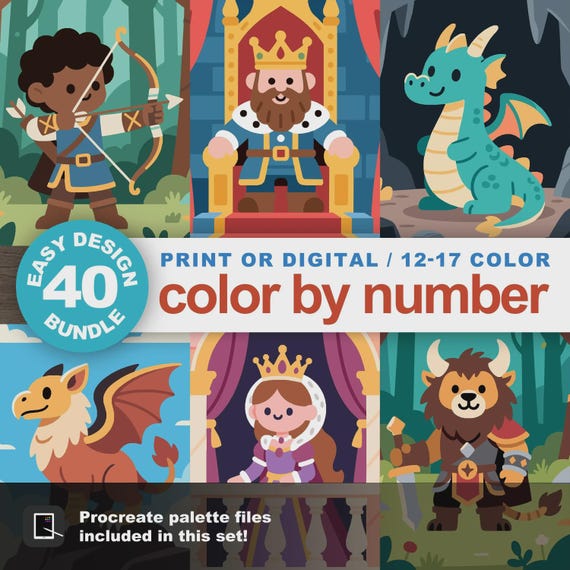 40 Easy Color by Number Bundle: Beginner Coloring Medieval Fantasy Character Designs (Printable & Procreate Compatible)