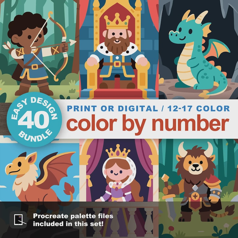 Cover image for Easy Medieval Fantasy Color by Number bundle showing six designs: archer, king on throne, dragon, griffon, queen, and beast master. Banner text highlights 40 easy designs, print or digital use, and 12–17 colors. Procreate palette files included in this set.