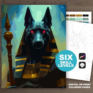 May include: A paint-by-numbers kit featuring an illustration of Anubis, the Egyptian god of the afterlife, with red eyes and gold accents. The kit includes digital or print coloring pages and six skill levels.