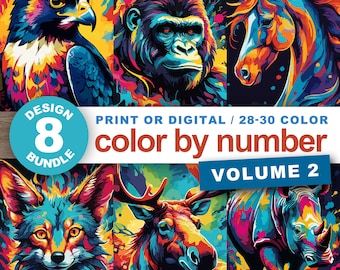 Printable Color by Number Adult Animal Bundle Set of 8 Digital Coloring Pages Wildlife Paint by Number Procreate Relaxing Color by Number
