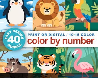 Einfach Malen nach Zahlen Bundle: 40 Anfänger Wildtiere Designs, süße Tiere, Anfänger (Printable and Procreate)