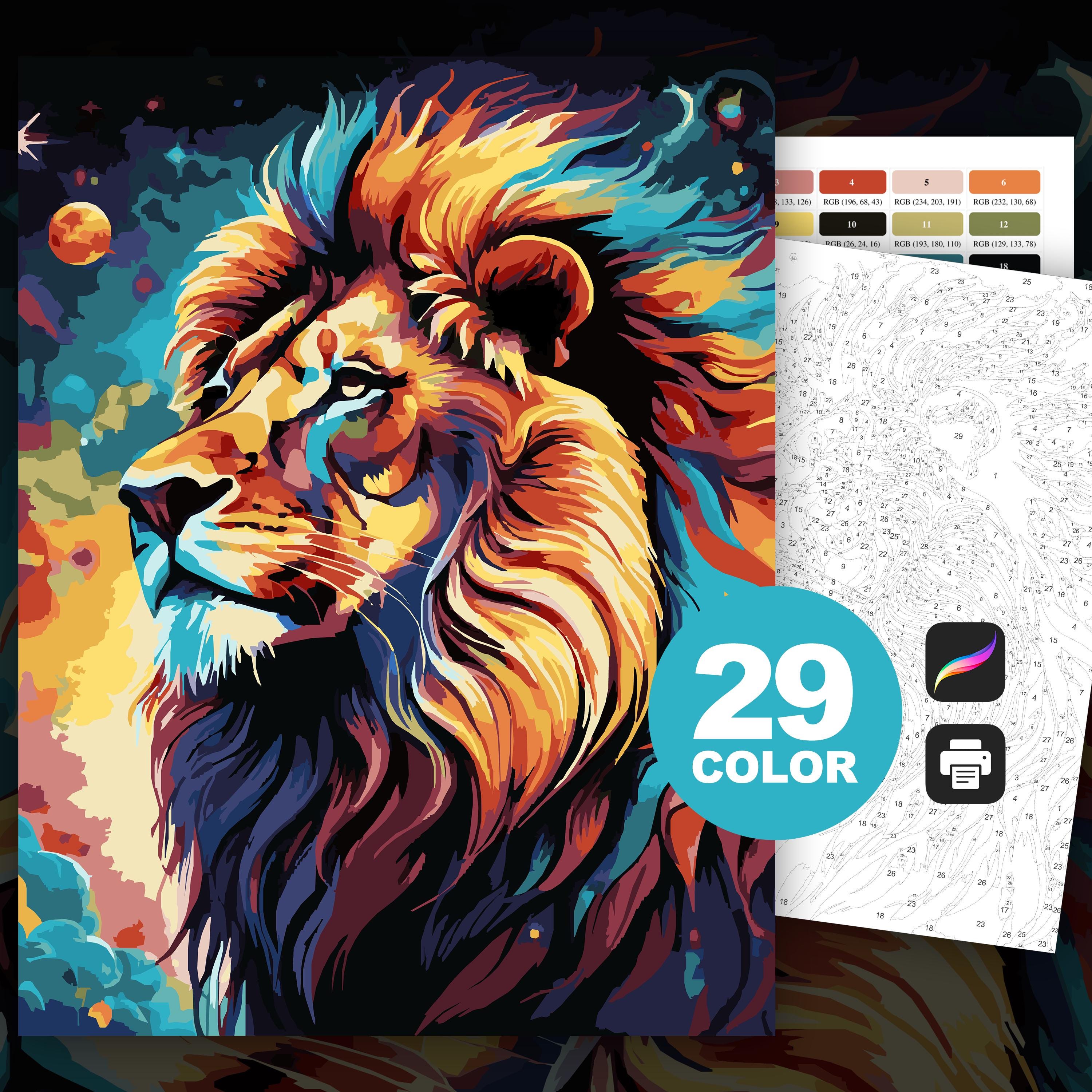 Lion Color by Number for Adults Printable Coloring Page Digital Download Wildlife Animal Art Relaxing Lion Coloring for Adults