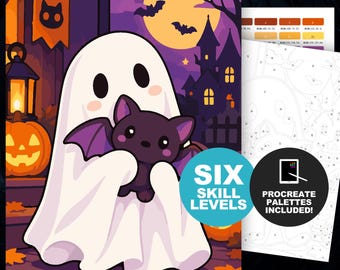 Malen nach Zahlen Set Halloween Geist mit Fledermaus Plüschtier: Gruselige Jahreszeit Malen nach Zahlen Malvorlagen für Erwachsene, Procreate & zum Ausdrucken, 6 Schwierigkeitsstufen