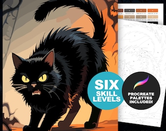Printable Color by Number Black Cat, Halloween Coloring Page, Digital Download, Procreate Compatable (6 Skill Levels)