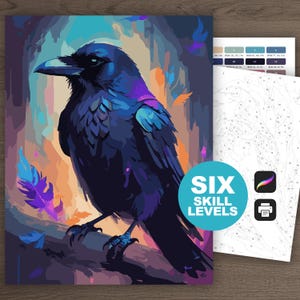 Color by Number Raven: Black Bird Art Painting by Numbers Printable Coloring Page, Digital, Raven Coloring for Procreate (6 Skill Level)