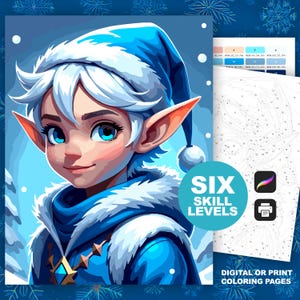Puede incluir: Páginas para colorear digitales o impresas con un elfo de dibujos animados con ojos azules, cabello blanco y un atuendo de invierno azul. La imagen incluye el texto "SIX SKILL LEVELS" y "DIGITAL OR PRINT COLORING PAGES".