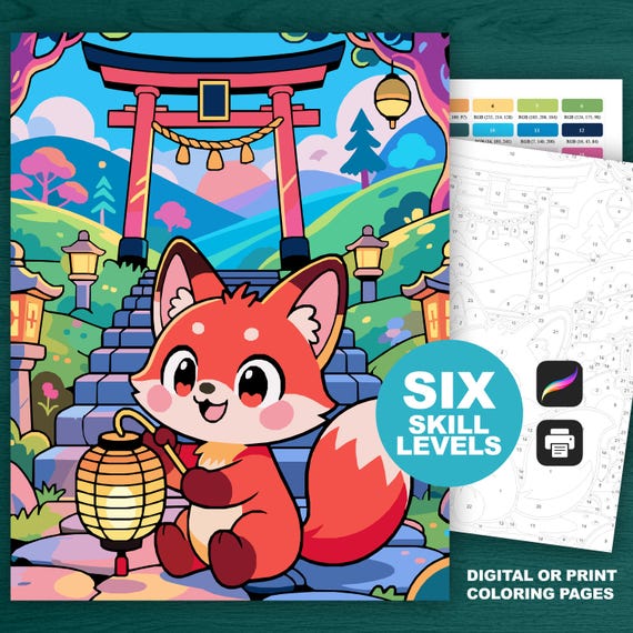 Cute Fox Paint by Number Kit: Kawaii Animal Adult Coloring Pages (Procreate, Printable & Digital, 6 Skill Levels)