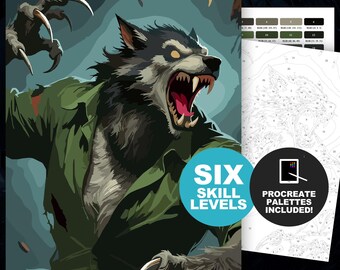 Werewolf Color by Number: Halloween Coloring Pages, Printable or Procreate Art, Lycanthrope (6 Skill Levels)