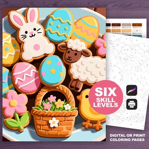 May include: A colorful illustration of Easter-themed cookies, including a bunny, eggs, a lamb, a basket of flowers, and a chick. The image also includes a digital or print coloring page with six skill levels.