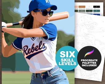 Kit de peinture à numéros : joueur de softball : fan de sport procréation ou pages à colorier imprimables pour adultes (6 niveaux de compétence)