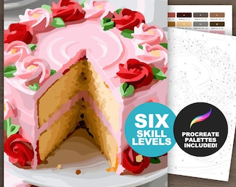 Peinture à numéro de gâteau d'anniversaire rose : scène de dessert procréation ou pages à imprimer pour adultes à colorier