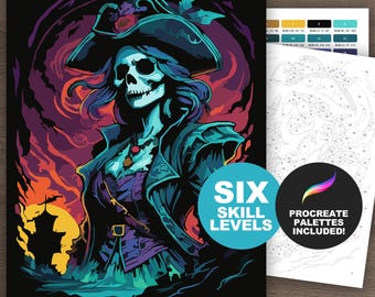 Color by Number Ghost Pirate: Spooky Halloween 6 Difficulty Levels Paint by Numbers Printable, Undead Pirate Coloring Page, Buccaneer