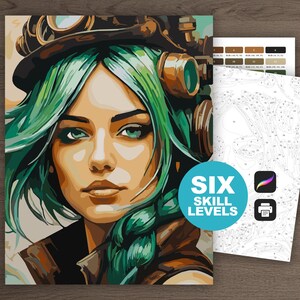 May include: A paint-by-numbers kit featuring a portrait of a woman with green hair and goggles. The image has a steampunk aesthetic. The kit includes a numbered canvas, paints, and instructions. The text "SIX SKILL LEVELS" is visible.