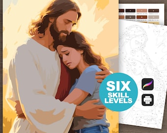 Jesus Christ Color by Number: Christian Coloring Page, Procreate & Printable, Jesus Comforting Woman (Digital Download, 6 Skill Levels)