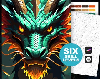 Green Dragon Paint by Number: Fantasy Coloring Pages (Procreate, Printable, Digital, 6 Skill Levels)