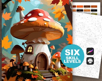 Mushroom House Paint by Number: Magic Mushroom Coloring Pages (Printable & Procreate-compatible, 6 Skill Levels)