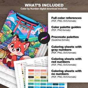 Kawaii fox paint by number kit with full-color references, palette guides, Procreate swatches, and printable coloring sheets