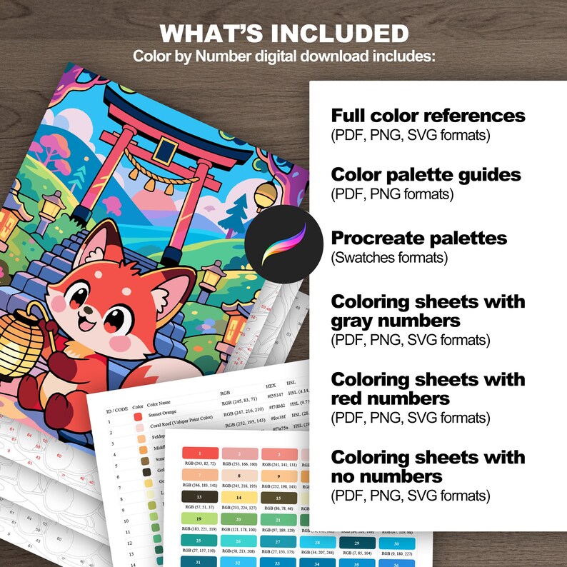 Kawaii fox paint by number kit with full-color references, palette guides, Procreate swatches, and printable coloring sheets