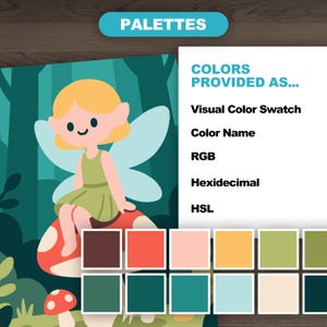 Palette example from Easy Medieval Fantasy Color by Number bundle. Features fairy character sitting on mushroom with surrounding forest. Color swatches shown with labels for visual, RGB, HEX, and HSL values.