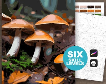 Wild Mushrooms Color by Number: Nature Coloring Page Printable, Woodland Scene Digital Download, Forest Fungi, Procreate (6 Skill Levels)