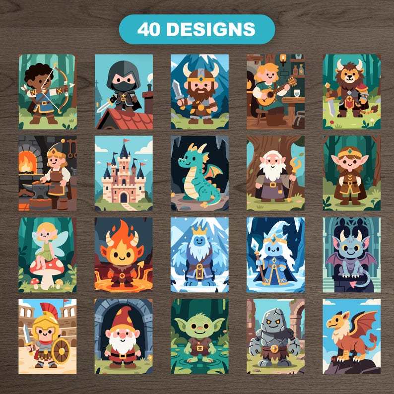 Preview of 20 designs from the Easy Medieval Fantasy Color by Number bundle. Includes archer, rogue, viking, bard, minotaur, blacksmith, castle, dragon, wizard, elf, fairy, fire demon, ice monster, sorcerer, gargoyle, gladiator, gnome, goblin, armored knight, and griffon.