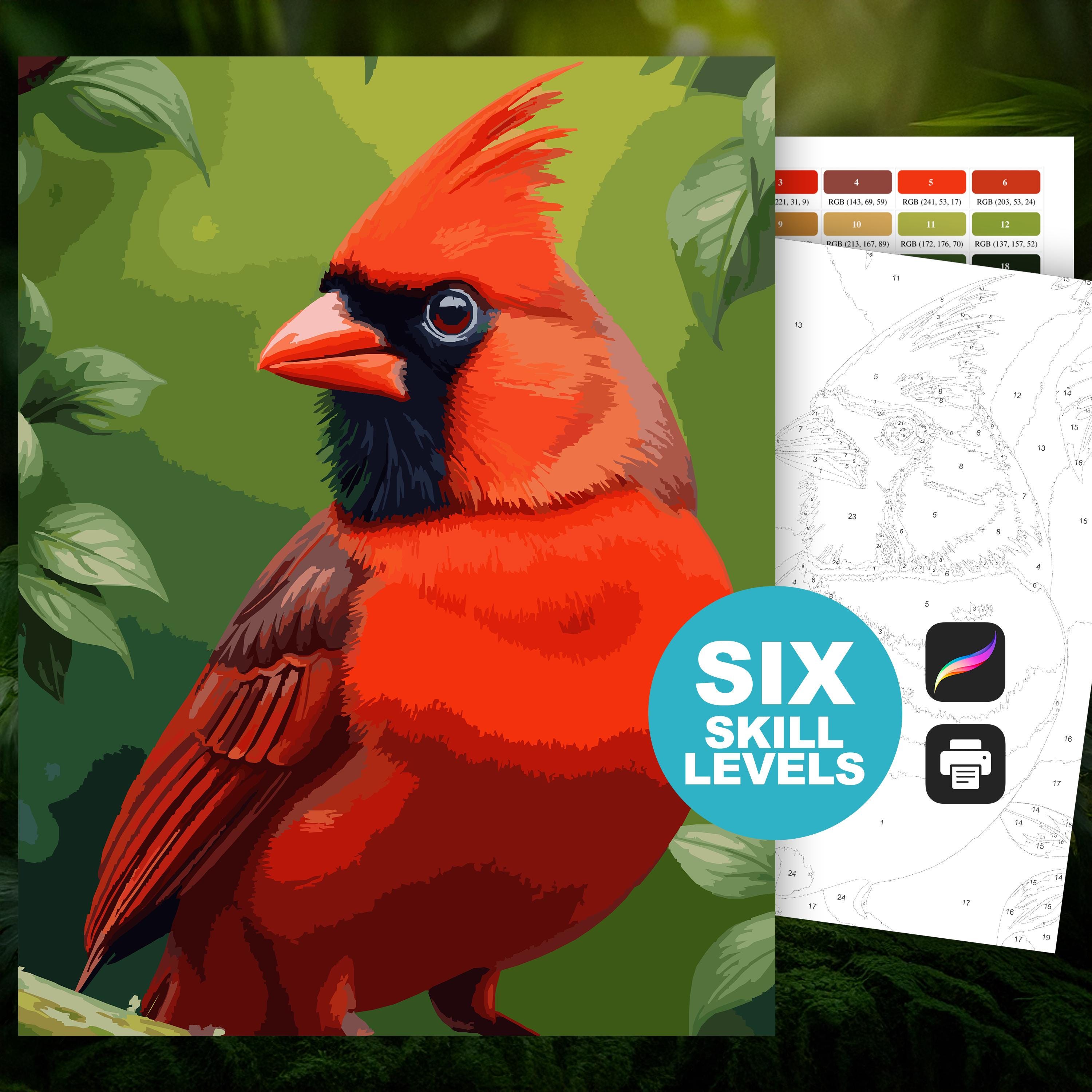 Pinta por números Cardenal rojo (6 niveles) – Imprimible y Procreate Ave roja Escena de naturaleza
