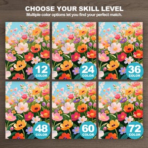 Flower field paint by number skill level comparison featuring six floral versions with increasing color complexity.