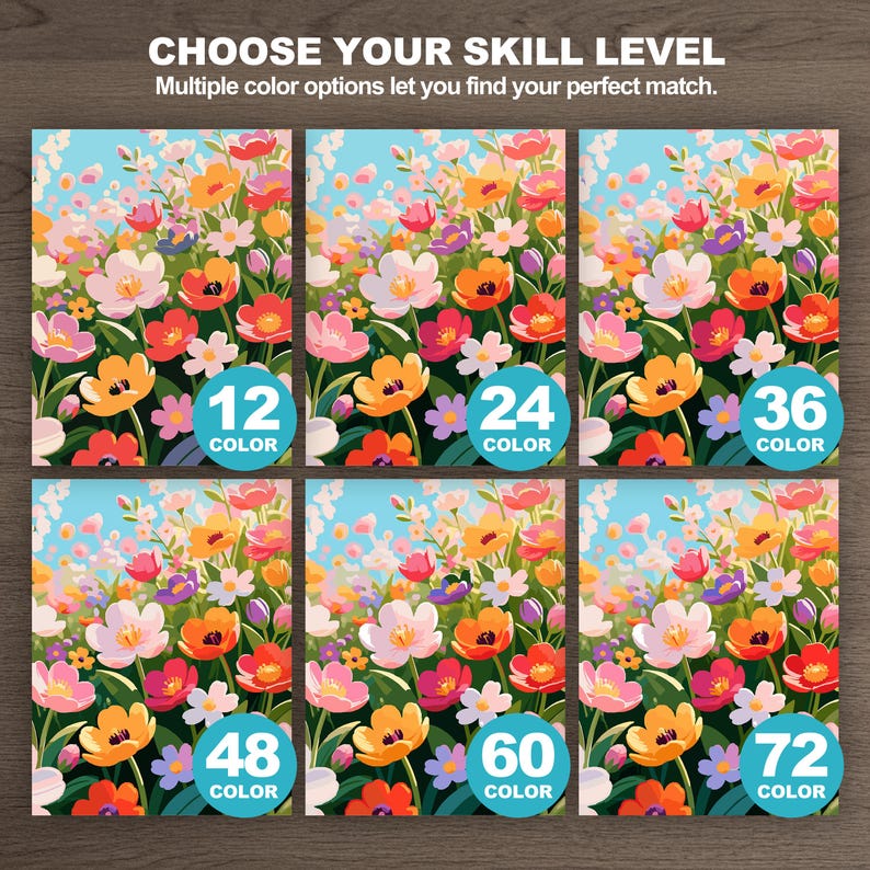 Flower field paint by number skill level comparison featuring six floral versions with increasing color complexity.