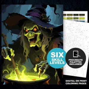 Green Witch Paint by Number Kit: Procreate & Printable Halloween Adult Coloring Pages. 6 Skill Levels, Dark Fantasy, Spooky Season