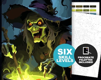 Green Witch Paint by Number Kit: Procreate & Printable Halloween Adult Coloring Pages. 6 Skill Levels, Dark Fantasy, Spooky Season