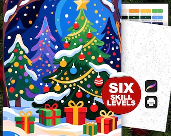 May include: A Christmas-themed paint-by-numbers kit featuring a colorful illustration of a decorated Christmas tree in a snowy forest. The kit includes a numbered canvas, paint colors, and instructions. The image also includes the text "SIX SKILL LEVELS".
