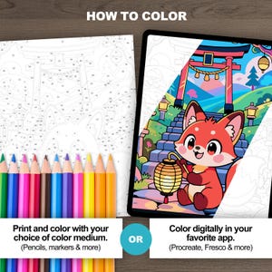 Printable fox coloring page with colored pencils beside a partially completed digital version displayed on a tablet
