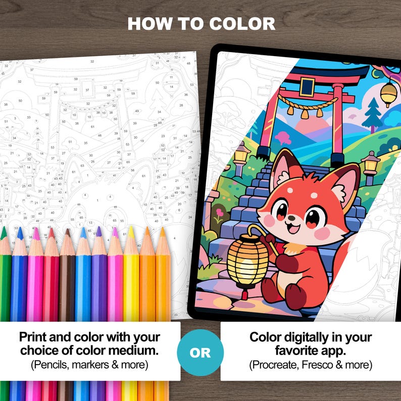 Printable fox coloring page with colored pencils beside a partially completed digital version displayed on a tablet