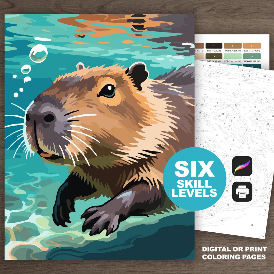 Capybara Paint by Number Printable Adult Coloring Pages for Procreate