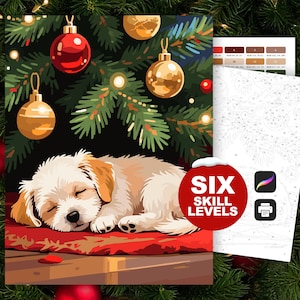 May include: A paint-by-numbers kit featuring a sleeping puppy under a Christmas tree adorned with ornaments. The kit includes a canvas with numbered sections, paint colors, and the text "SIX SKILL LEVELS".