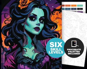 Color by Number Halloween Ghost Woman (6 Skill Levels): Spooky Paint by Numbers Printable Coloring Page, Spectral Beauty, Undead Girl